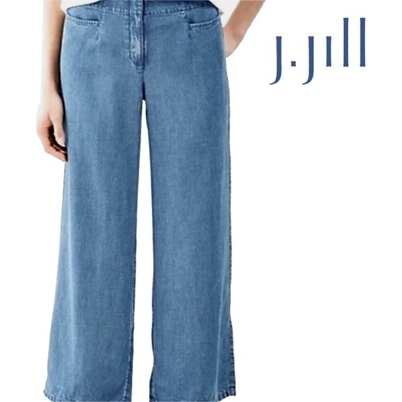 J. Jill Waterfall Pants Trousers Cropped Capri Indigo Blue Pockets Linen Blend - Picture 1 of 8